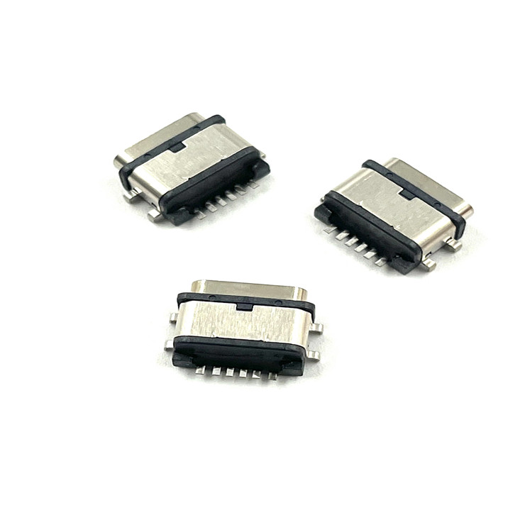 Usb REV.3.1 C Socket Conn SMT Waterproof Type 6pins Black Two Metal Tab