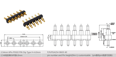 pogo pin 2.54mm 6pin spring loaded connector Dip Type H=6.0mm